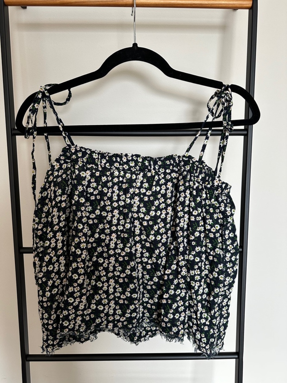 Elan Black Floral Tie-Strap Smocked Crop Cami